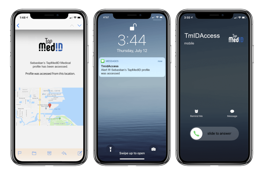 TapMedID sends an email, SMS and phone call with a map